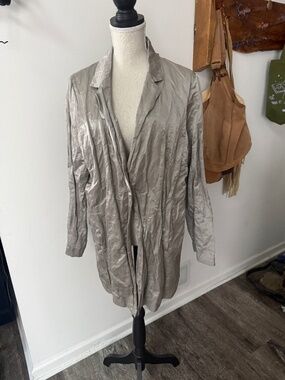 Eileen Fisher Notch Lapel Satin Metallic Crinkle One Button Silver Blazer XL